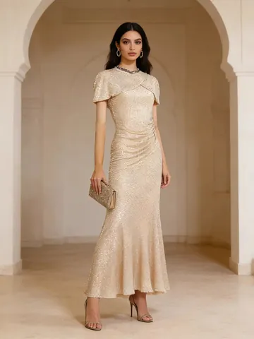 Women's Elegant Apricot Rhinestone Embellished Maxi Dress Round Neck Shawl Sleeve Slim Fit Floor Length Evening Banquet Gown