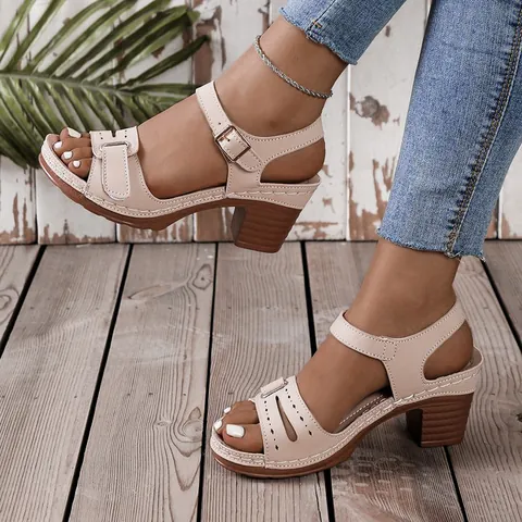 Women Roman Sandals Peep Toe Chunky Heel Velcro Straps Casual Platform Sandals Plus Size Synthetic Leather Summer Outdoor Sandals