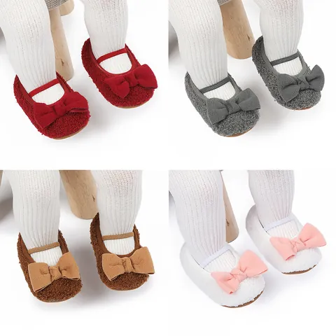 Baby Girls Bowknot Teddy Fleece Prewalker Shoes Soft Sole Warm Infant Toddler First Walkers For Autumn Winter