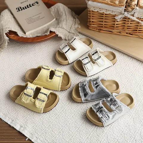 Girls Birkenstock Style Slippers Double Buckle Fringed Edge Fashionable Summer Slides For Middle Kids Casual Outdoor Shoes