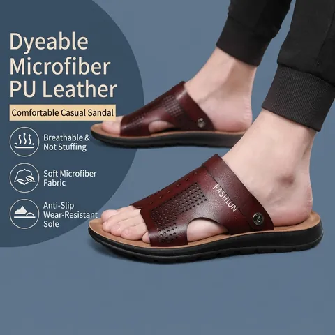 Men Casual PU Leather Sandals Breathable Open Toe Beach Slides Two-Way Wear Outdoor Fashion Non-Slip Summer Shoes Fashion Gift