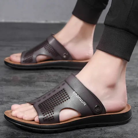 Men Casual PU Leather Sandals Breathable Open Toe Beach Slides Two-Way Wear Outdoor Fashion Non-Slip Summer Shoes Fashion Gift