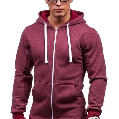 Men's Casual Full Zip Hooded Hoodie Cotton Blend Solid Color Long Sleeve Jacket With Pockets For Autumn Winter Youth Men Sweatshirt
