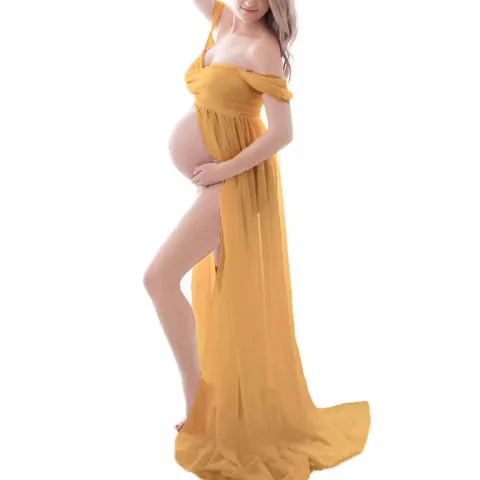 Women Maternity Photography Dress Off Shoulder Lace Chiffon Front Split Maxi Gown Elegant Pregnancy Photo Shoot Evening Gown