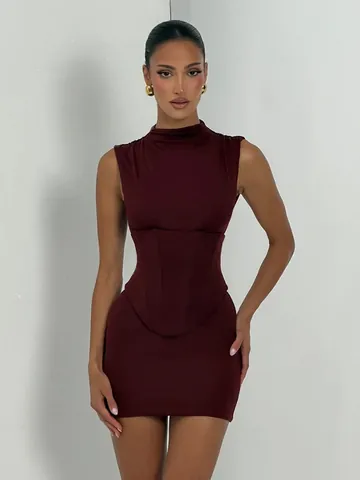 Women Sexy Tight Sleeveless Mini Dress With Corset Waist Cincher Belt Set Two Piece Solid Color Bodycon Party Banquet Dress