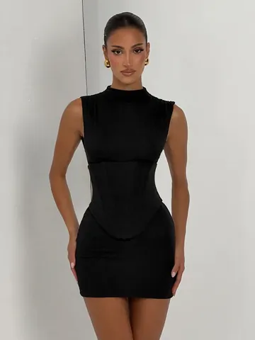 Women Sexy Tight Sleeveless Mini Dress With Corset Waist Cincher Belt Set Two Piece Solid Color Bodycon Party Banquet Dress