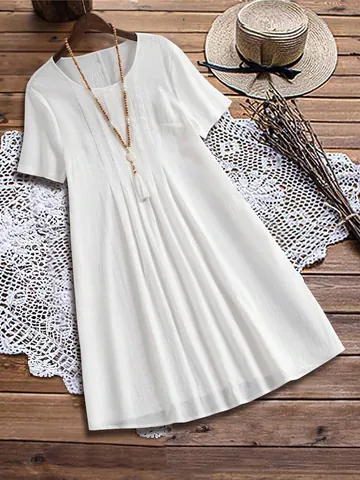 Robe Midi Femme Vintage en Coton et Lin Décontractée Ample Manches Courtes Col Rond Plissée Avec Poches Bohème Couleur Unie Été