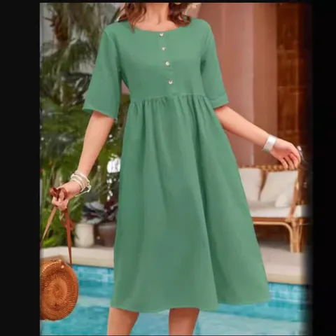 Women Cotton Linen Round Neck Short Sleeve Midi Dress Loose Casual Solid Color Pleated Button Summer Dress With Pockets