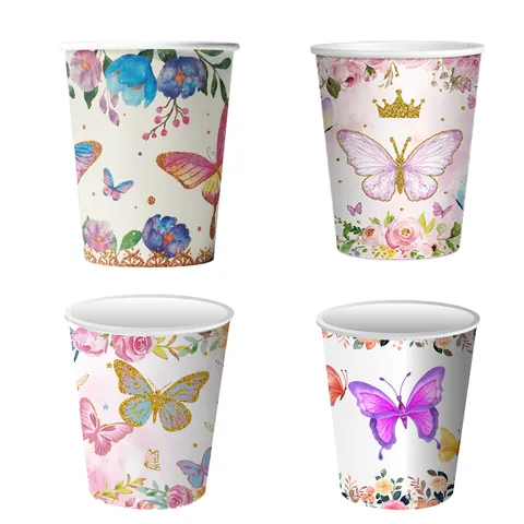 Gobelets en Papier Jetables Thème Papillon et Fleurs Gobelets Décoratifs pour Goûter Mariage Anniversaire Événement Accessoires de Fête