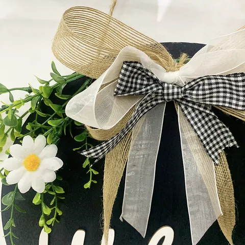 Rustic Round Wooden Welcome Sign with Artificial Greenery and Burlap Bow Front Door Wall Decor Farmhouse Style Wreath