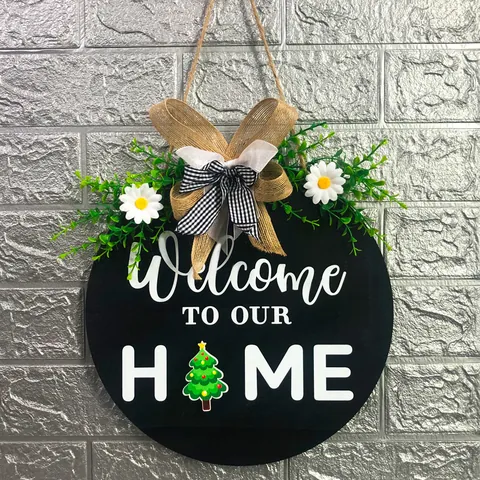 Interchangeable Welcome To Our Home Sign Pine Wood Round Hanging Door Decor With Seasonal Icons Rustic Home Wall Plaque