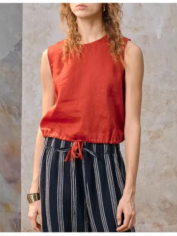 Dames Casual Katoen Linnen Mouwloze Tanktop Ronde Hals Trekkoord Zoom Losse Vest Korte Zomer Resort Top
