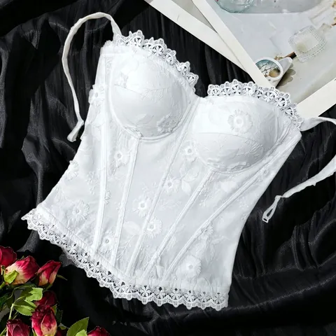 Top Corsetto Ricamato a Fiori da Donna Bustier con Stecche in Pizzo Bianco Vestibilità Slim Sexy Sopra e Sotto