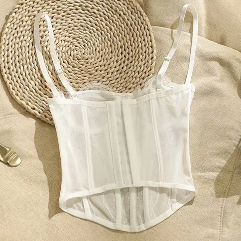 Top Corsetto in Pizzo Sexy da Donna Vintage Push Up Canotta Vestibilità Aderente Motivo Floreale Senza Maniche Bustier per Festa
