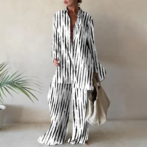 Damen Geometrisch Bedrucktes Hemd Und Weite Hose Top Und Bottom Set Langarm V-Ausschnitt Lässiges Urlaubs-Outfit