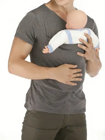 T-Shirt de Portage Bébé Kangourou Polyester Haut Multifonctionnel Col en V Poche à Papa pour Hommes Femmes Vêtements Parentaux Décontractés