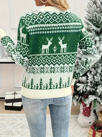 Women Christmas Reindeer Jacquard Crew Neck Sweater Vintage Loose Knit Pullover Long Sleeve Winter Warm Cotton Top