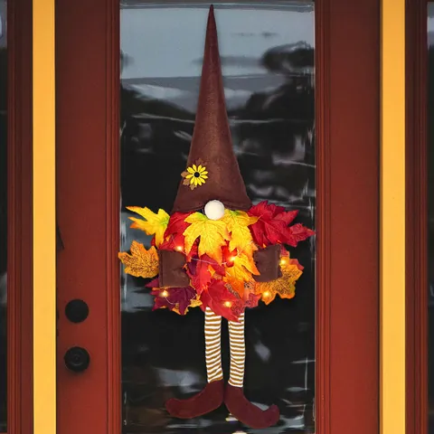Thanksgiving Gnome Wreath Fall Harvest Front Door Hanging Decoration With LED Warm Lights Sunflower Maple Leaves Long Striped Legs