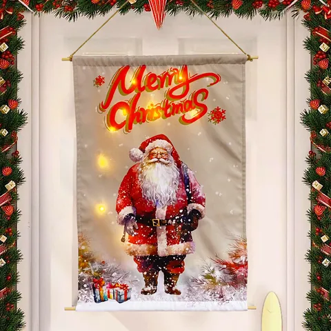 LED Verlichte Kerst Hangende Banner Vlag Kerstman Sneeuwpop Rendier Bedrukte Stof Festival Wanddecoratie Voor Thuis