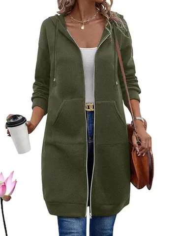 Felpa Lunga con Cappuccio da Donna Retrò Casual Tinta Unita Chiusura con Cerniera Coulisse Giacca Cappotto con Tasche Top