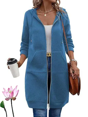 Felpa Lunga con Cappuccio da Donna Retrò Casual Tinta Unita Chiusura con Cerniera Coulisse Giacca Cappotto con Tasche Top