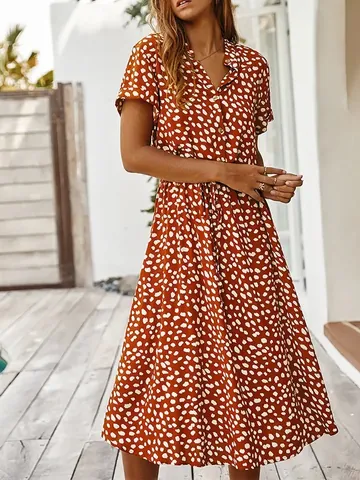 Women's Casual Polka Dot Print Midi Dress V-Neck Short Sleeve Button Down A-Line Beach Vacation Long Dress with Lace-up Belt