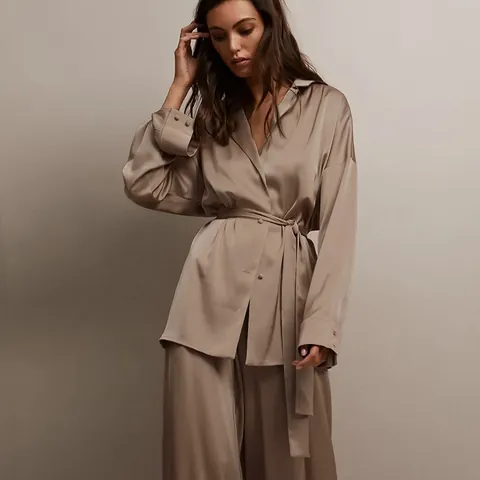 Women Satin Polyester Pajama Top And Bottom Long Sleeve V-Neck Belted Sleepwear Loungewear Two Piece Soft Comfortable Home Wear
