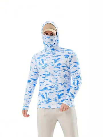 Heren Outdoor Vissen Zonbescherming Hoodie Geïntegreerd Gezichtsmasker Ademend Camouflage Bedrukt Ijszijde Sneldrogend Top T-shirt Met Lange Mouwen