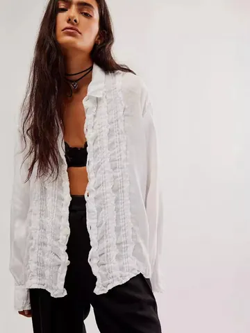Camicia da Donna Boho con Bordo a Volant in Cotone Blusa Casual a Maniche Lunghe Monopetto Retro Tinta Unita Top Oversize