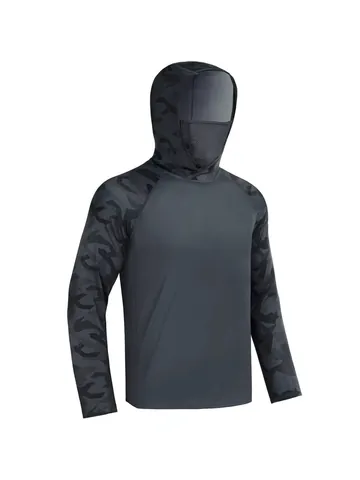 Heren Outdoor Vissen Zonbescherming Hoodie Geïntegreerd Gezichtsmasker Ademend Camouflage Bedrukt Ijszijde Sneldrogend Top T-shirt Met Lange Mouwen