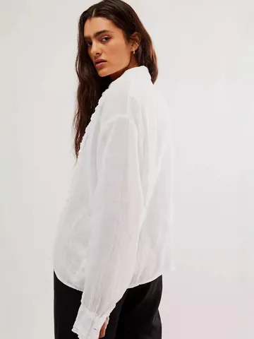 Camicia da Donna Boho con Bordo a Volant in Cotone Blusa Casual a Maniche Lunghe Monopetto Retro Tinta Unita Top Oversize