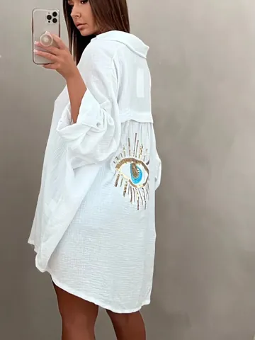 Damen Lässiges Baumwollhemd Mit Pailletten Böser Blick Stickerei Oversize Langarm Bluse Urlaub Strand Mode Top