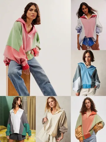 Women American Vintage Color Block Polar Fleece Sweatshirt Oversized V-Neck Patchwork Loose Pullover Top Casual Daily Wear