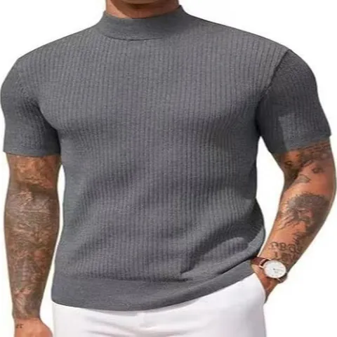 Men's Mock Neck Short Sleeve Knit Shirt Business Casual Solid Color Slim Fit Polyester Cotton Ribbed Top For Summer