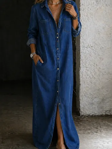 French Style Denim Shirt Maxi Dress For Women Button Up Long Sleeve Split Hem Solid Color Casual Jean Dress