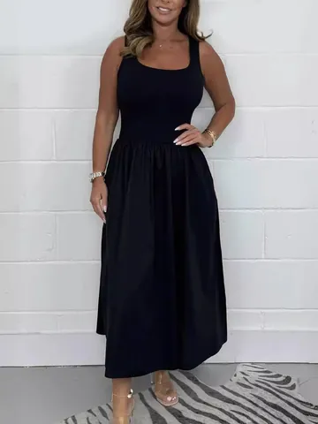 Women Elegant Solid Color Pleated Strap Maxi Dress Polyester Slim Fit Sleeveless Sundress For Casual Daily Wear