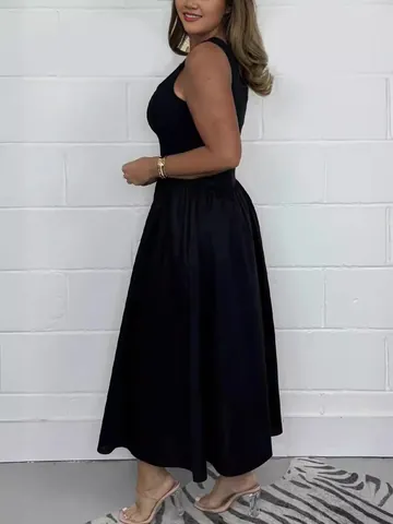 Women Elegant Solid Color Pleated Strap Maxi Dress Polyester Slim Fit Sleeveless Sundress For Casual Daily Wear