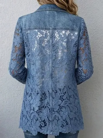 Women Mid-Length Lace Patchwork Denim Blazer Elegant Commuting Single Button Floral Hollow Out Casual Office Jacket Top