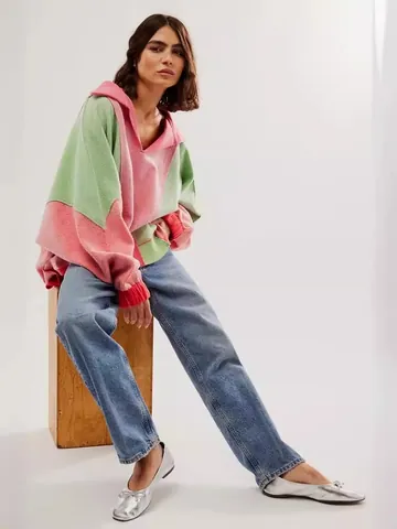 Women American Vintage Color Block Polar Fleece Sweatshirt Oversized V-Neck Patchwork Loose Pullover Top Casual Daily Wear