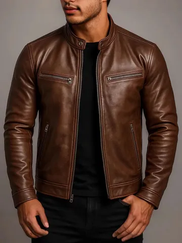 Men's Faux PU Leather Jacket Motorcycle Style Slim Fit Stand Collar Zip Up Outwear Coat For Winter Daily Top