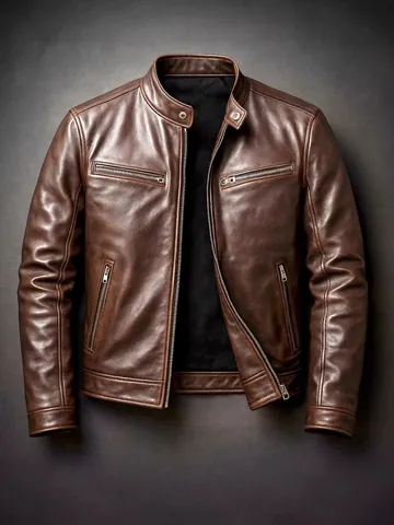 Men's Faux PU Leather Jacket Motorcycle Style Slim Fit Stand Collar Zip Up Outwear Coat For Winter Daily Top