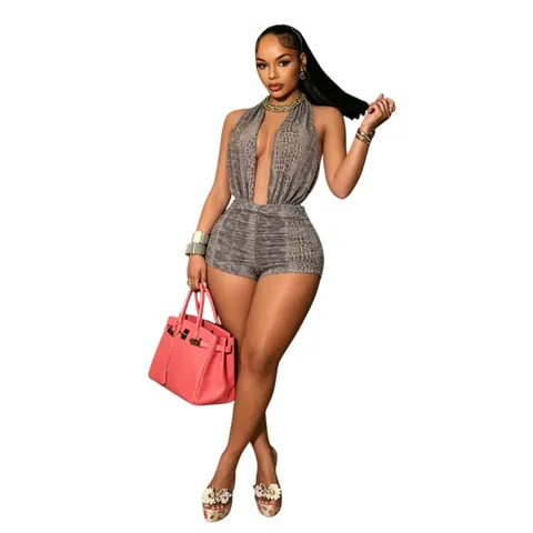 Barboteuse Dos Nu Sexy pour Femmes Imprimé Peau de Serpent Mesh Sans Manches Col en V Coupe Ajustée Tricotée Viscose
