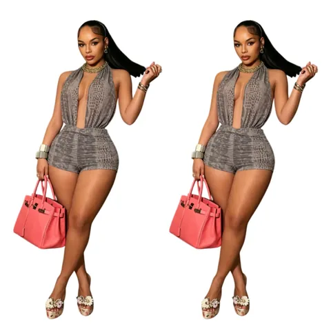 Barboteuse Dos Nu Sexy pour Femmes Imprimé Peau de Serpent Mesh Sans Manches Col en V Coupe Ajustée Tricotée Viscose