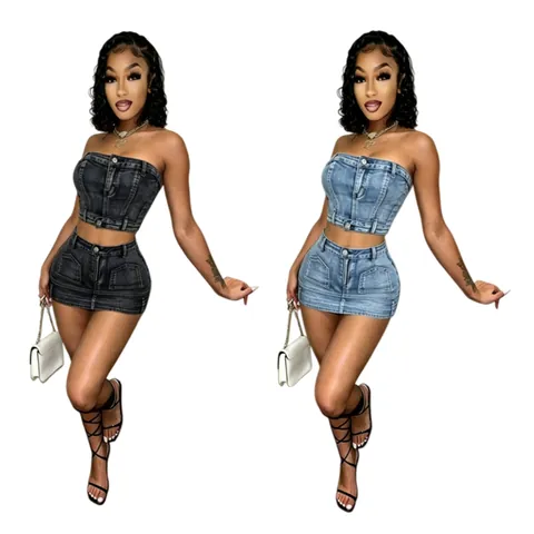 Women Denim Tube Top And Mini Skirt Set Stretchy Solid Color Washed Strapless Top And Bottom Outfits Vintage Streetwear Bodycon Pocket Suit