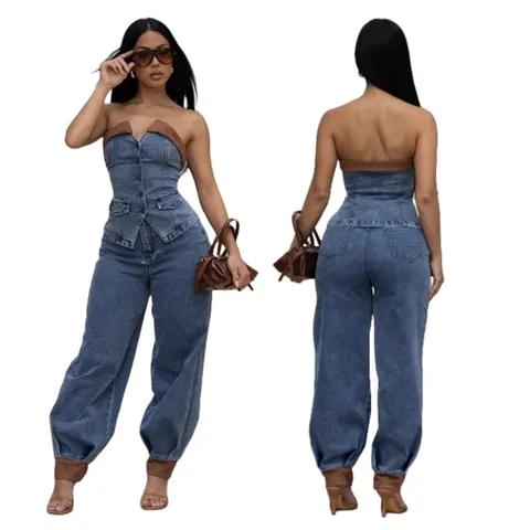 Women Sexy Denim Two Piece Set Strapless Tube Top And Long Pants Patchwork Washed Organic Cotton Streetwear Outfits
