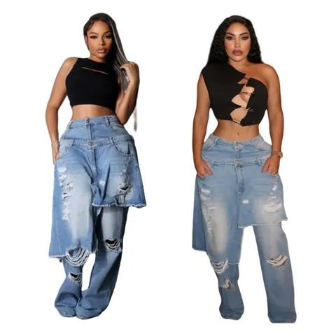 Women Distressed Straight Leg Jeans With Apron Skirt Overlay Mid Waist Sand Washed Denim Cotton Cargo Pants Streetwear