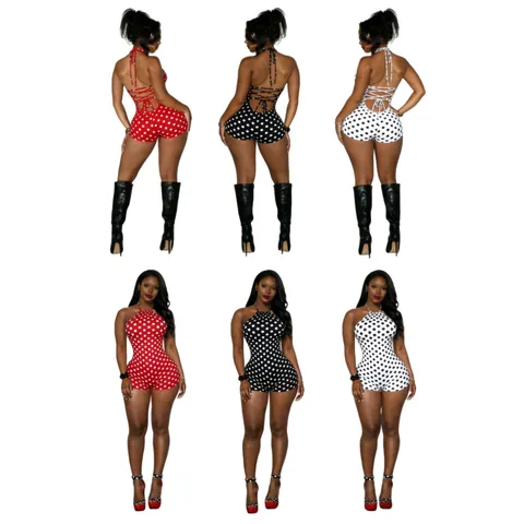 Combi-short d'été Sexy Dos Nu Imprimé à Pois pour Femmes Coupe Slim Sans Manches Combinaison en Coton Tricoté Mode Streetwear