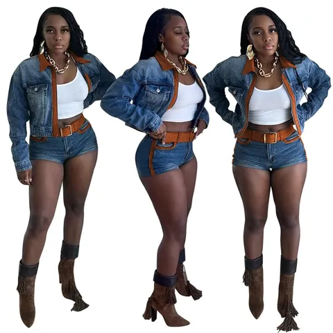 Women Vintage Denim Shorts Set Contrast Color Patchwork Long Sleeve Slim Fit Stretchy Jacket And Shorts Top And Bottom
