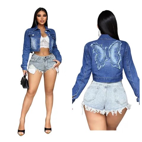 Chaqueta Vaquera Corta para Mujer Con Bordado de Mariposa Borde Deshilachado Manga Larga Botones Abrigo Vaquero Azul para Mujer