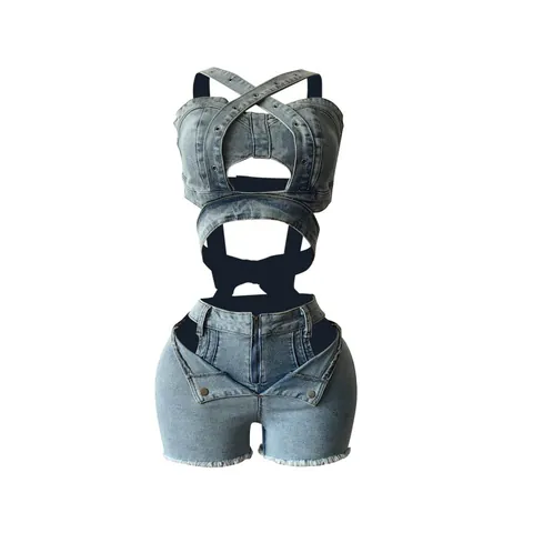 Women Denim Top And Bottom Sexy Backless Bandage Crop Vest And Cut Out Hot Shorts Distressed Sand Washed Summer Casual Streetwear